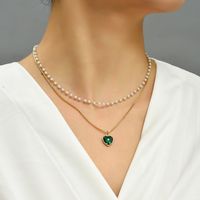 Alloy Copper Dark Green Heart-shaped Zircon Pendant Artificial Pearl Necklace main image 4
