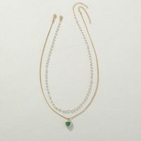 Alloy Copper Dark Green Heart-shaped Zircon Pendant Artificial Pearl Necklace main image 3