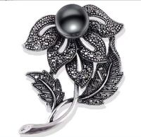 Fashion Vintage Black Rhinestone Pearl Inlaid Big Bow Flower Brooch main image 4