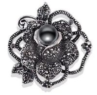 Fashion Vintage Black Rhinestone Pearl Inlaid Big Bow Flower Brooch sku image 3