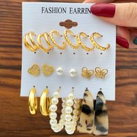 Vintage Style C-shaped Leopard Print Heart Pearl Alloy Earrings main image 6