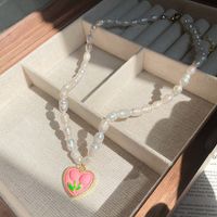 Fashion Flower Heart-shaped Pendant Pearl Titanium Steel Necklace sku image 2