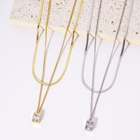 Simple Square Diamond Pendant Double-layer Snake Bone Chain Titanium Steel Necklace main image 1