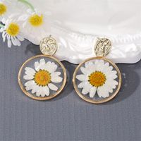 New Style Transparent Dried Flower Little Daisy Resin Round Pendant Earrings sku image 5