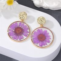New Style Transparent Dried Flower Little Daisy Resin Round Pendant Earrings sku image 1