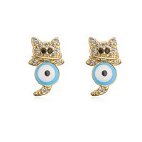 Cute Cat Copper Plating 18k Gold Dripping Oil Zircon Earrings sku image 2