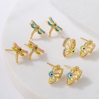 Cute Style Copper Plating 18k Gold Drop Oil Zircon Dragonfly Butterfly Stud Earrings main image 1