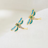 Cute Style Copper Plating 18k Gold Drop Oil Zircon Dragonfly Butterfly Stud Earrings main image 2