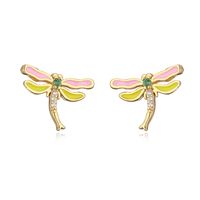 Cute Style Copper Plating 18k Gold Drop Oil Zircon Dragonfly Butterfly Stud Earrings sku image 1