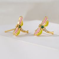 Cute Style Copper Plating 18k Gold Drop Oil Zircon Dragonfly Butterfly Stud Earrings main image 3