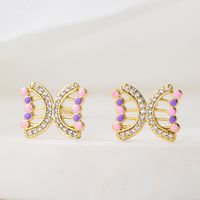 New Style Copper Plating 18k Gold Dripping Oil Zircon Hollow Butterfly Stud Earrings main image 3