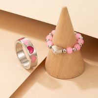 Fashion Pink Bead Contrast Color Oil Drop Heart Alloy Ring 2-piece Set main image 5