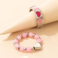 Fashion Pink Bead Contrast Color Oil Drop Heart Alloy Ring 2-piece Set main image 2