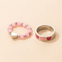 Fashion Pink Bead Contrast Color Oil Drop Heart Alloy Ring 2-piece Set main image 3