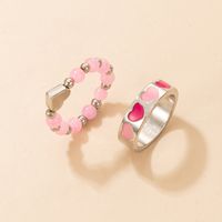 Fashion Pink Bead Contrast Color Oil Drop Heart Alloy Ring 2-piece Set main image 4