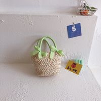Girl's Straw Solid Color Cute Bucket Open Handbag sku image 4