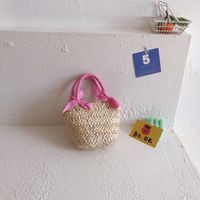 Girl's Straw Solid Color Cute Bucket Open Handbag sku image 3