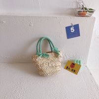Girl's Straw Solid Color Cute Bucket Open Handbag sku image 1