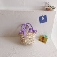Girl's Straw Solid Color Cute Bucket Open Handbag sku image 5