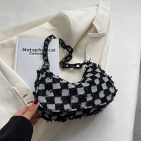 Fashion Simple Denim Canvas Chessboard Plaid Chain Portable Shoulder Bag sku image 2
