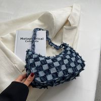 Fashion Simple Denim Canvas Chessboard Plaid Chain Portable Shoulder Bag sku image 1