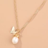 Fashion Simple Butterfly Natural Bead Pendant Alloy Clavicle Chain Multi-layer Metal Necklace main image 4