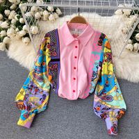 Nuevo Estilo De Contraste De Color De Impresión De Solapa Puff Manga Camisa De Las Mujeres De Alta Cintura Delgado-traje De Pantalones Ajustados main image 4