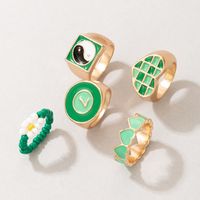 Mode Farbe Kontrast Herz Blume Perle Plaid Tai Chi Bunte Öl Tropft Ring Set sku image 1