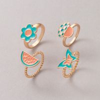 Colorful Oil Dripping Mushroom Watermelon Butterfly Ring Four-piece Set main image 1