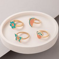 Colorful Oil Dripping Mushroom Watermelon Butterfly Ring Four-piece Set main image 4