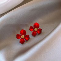 Fashion Red Petals Cute Small Four-petal Flower Alloy Stud Earrings sku image 1