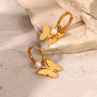 Neue Stil 18k Gold Überzogene Glatte Schmetterling Perle Anhänger Edelstahl Ohrringe main image 3