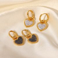 New Style 18k Gold Plated Heart-shaped Lock Inlaid Black White Zircon Pendant Stainless Steel Earrings main image 4