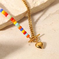 Ins Style Colorful Ceramic Beaded Stitching Cuban Link Chain 18k Gold Ot Buckle Love Pendant Stainless Steel Necklace Neck Accessories Female main image 4
