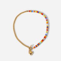 Ins Style Colorful Ceramic Beaded Stitching Cuban Link Chain 18k Gold Ot Buckle Love Pendant Stainless Steel Necklace Neck Accessories Female main image 3