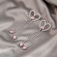 Fashion Large Heart Shaped Long Tassel Inlay Rhinestone Alloy Earrings main image 3