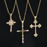 Mode Gold-überzogene Kupfer Anhänger Intarsien Zirkon Kreuz Halskette Zubehör main image 2