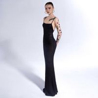 2022 Summer New Women's Sexy Backless Mesh Retro Solid Color Black Dress sku image 1