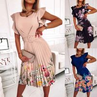 Fashion Summer New Round Neck Fitted Waist Pleated Ruffled Printed Dress main image 1