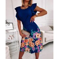 Fashion Summer New Round Neck Fitted Waist Pleated Ruffled Printed Dress main image 3