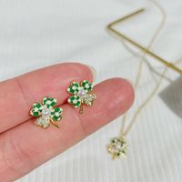Fashion Copper Four-leaf Clover Ear Studs Necklace Artificial Pearl Zircon main image 2