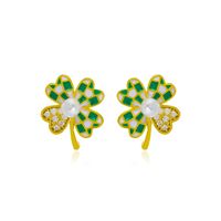 Fashion Copper Four-leaf Clover Ear Studs Necklace Artificial Pearl Zircon sku image 1