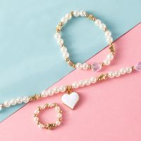 New Fashion Cute Heart Pendant Pearl Bead Necklace Ring Bracelet Children's Jewelry 3-piece Set main image 4