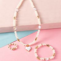 New Fashion Cute Heart Pendant Pearl Bead Necklace Ring Bracelet Children's Jewelry 3-piece Set main image 3