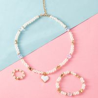 New Fashion Cute Heart Pendant Pearl Bead Necklace Ring Bracelet Children's Jewelry 3-piece Set sku image 1