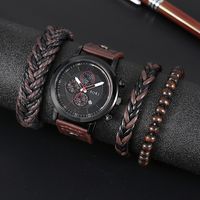 Men's Leather Rope Watch Calendar Sports Quartz Watch Bracelet Set sku image 1