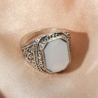 Fashion Ethnic Retro Vintage Carved Big White Geometric Stone Ring main image 4
