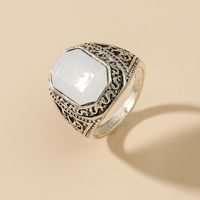 Fashion Ethnic Retro Vintage Carved Big White Geometric Stone Ring main image 3