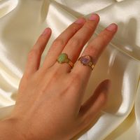Fashion Waterproof Stainless Steel 18k Gold Oval Green/purple Semi-precious Stone Open Ring main image 1