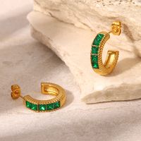 Fashion 18k Gold Square Green Zircon Inlaid Thread C-shaped Stainless Steel Earring main image 1